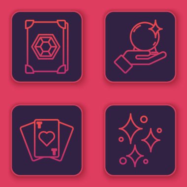 Eskiler 'in sihirli kitabı, iskambil kağıtları, sihirli top ve sihirli parıltılarla parıldayan yıldızlar. Mavi kare düğme. Vektör.