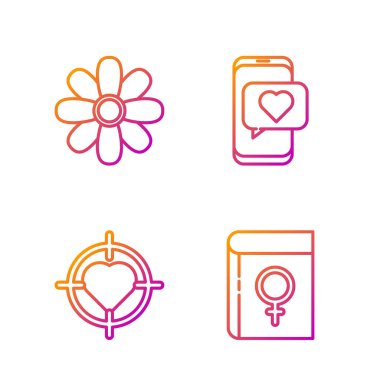Kadınlarla ilgili satır kitabı, hedefin merkezindeki kalp, Flower ve Online flört uygulaması ve sohbet. Renk simgeleri. Vektör.