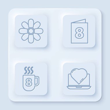 Line Flower, 8 Mart 'lı tebrik kartı, 8 Mart' lı kahve fincanı ve online flört uygulaması ve sohbet. Beyaz kare düğme. Vektör.