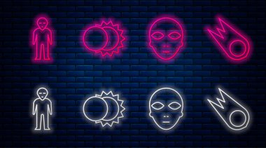 Güneş Tutulması, Uzaylı, Uzaylı ve Kuyruklu Yıldız 'ın hızla düşüşü. Tuğla duvarda parlayan neon simgesi. Vektör.