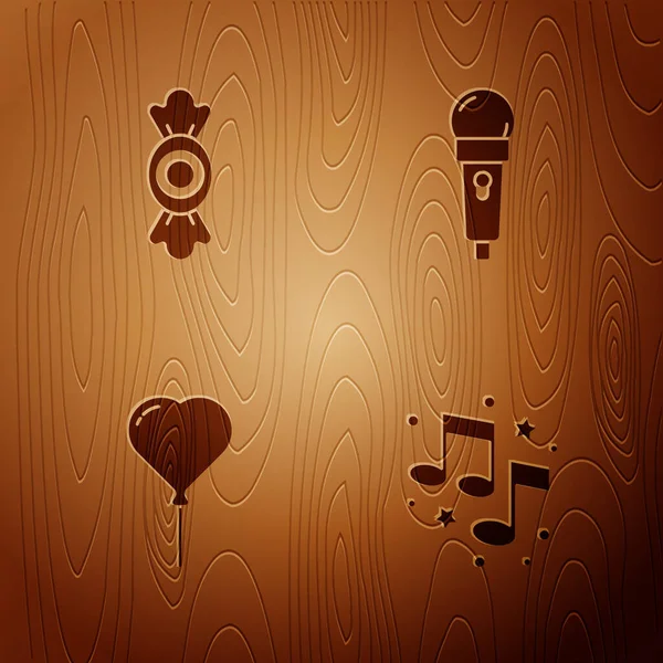 Set Music Note Tone Candy Balloon Form Heart Microphone Wooden — Stock Vector