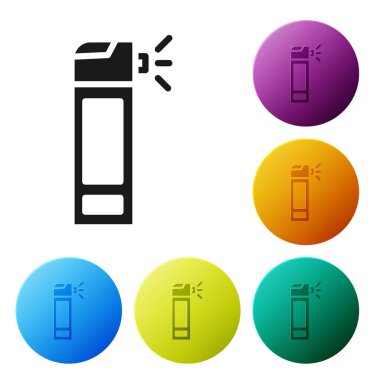 Beyaz arka planda izole edilmiş burun ve boğaz ikonu hastalıklarının tedavisi için başlıklı siyah ilaç şişesi. Simgeleri renk daire düğmelerine ayarla. Vektör İllüstrasyonu.