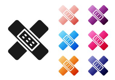 Siyah Haç bandaj alçı ikonu beyaz arka planda izole edildi. Tıbbi alçı, yapıştırıcı bandaj, esnek kumaş bandajı. Simgeleri renklendirin. Vektör İllüstrasyonu.