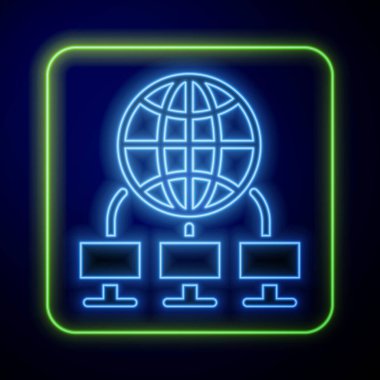 Parlayan neon bilgisayar ağı simgesi mavi arkaplanda izole edildi. Laptop ağı. İnternet bağlantısı. Vektör İllüstrasyonu.