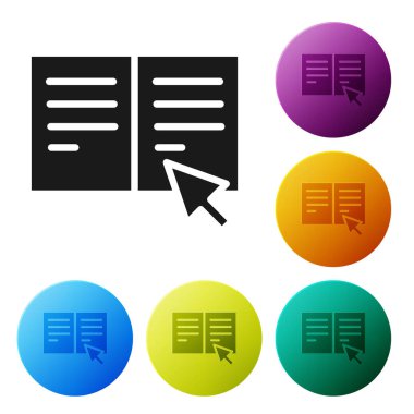 Siyah Çevrimiçi kitap simgesi beyaz arkaplanda izole edildi. İnternet eğitimi konsepti, e-öğrenme kaynakları, uzak online kurslar. Simgeleri renk daire düğmelerine ayarla. Vektör İllüstrasyonu.