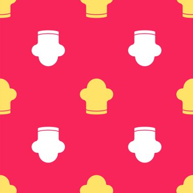 Sarı aşçı şapkası simgesi kırmızı arkaplanda izole edilmiş. Aşçılık sembolü. Aşçı şapkası. Vektör.