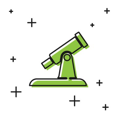 Siyah Teleskop simgesi beyaz arkaplanda izole edildi. Bilimsel bir alet. Eğitim ve astronomi elementi, dürbün ve çalışma yıldızları. Vektör.