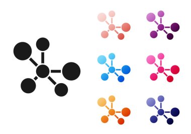 Beyaz arkaplanda siyah molekül simgesi izole edildi. Kimya moleküllerinin yapısı, fen öğretmenlerinin yenilikçi eğitim posteri. Simgeleri renklendirin. Vektör.