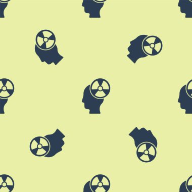 Bir insan kafasının mavi silueti ve bir radyasyon sembolü sarı arkaplanda izole edilmiş pürüzsüz desen. Vektör.