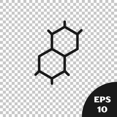 Siyah Kimyasal Formül simgesi şeffaf arkaplanda izole edildi. Yenilikçi tıp, sağlık, araştırma ve bilim için soyut altıgen. Vektör.