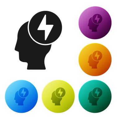 Siyah insan kafası ve beyaz arka planda izole edilmiş elektrik sembolü. Simgeleri renk daire düğmelerine ayarla. Vektör.