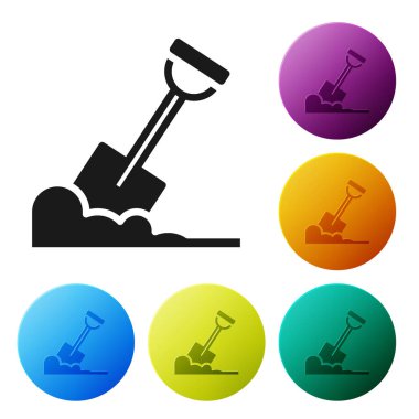 Beyaz arkaplanda siyah kürek izole edilmiş. Bahçe aletleri. Bahçecilik, tarım, çiftçilik aleti. Simgeleri renk daire düğmelerine ayarla. Vektör.