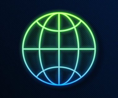 Parlayan neon hattı Global teknoloji veya sosyal ağ simgesi mavi arka planda izole edildi. Vektör İllüstrasyonu.