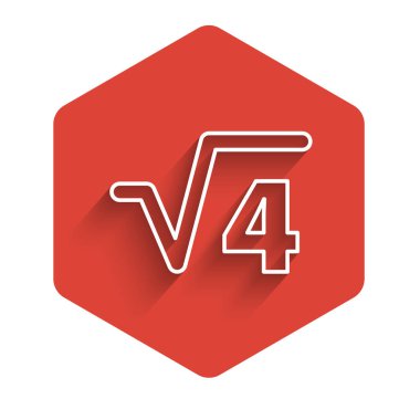 Beyaz çizgi kare kök 4 sembol uzun gölgeli izole edilmiş. Matematiksel ifade. Kırmızı altıgen düğmesi. Vektör.