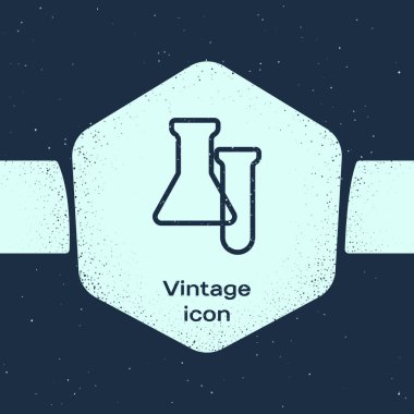 Grunge hattı test tüpü ve matara ikonu mavi arka planda izole edildi. Kimyasal laboratuvar testi. Laboratuvar camları. Tek renkli klasik çizim. Vektör.