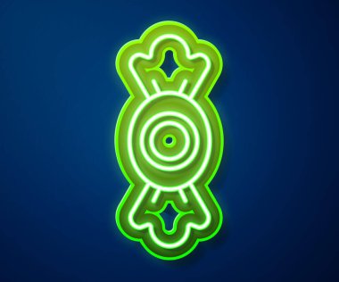 Parlayan neon hattı Candy simgesi mavi arkaplanda izole edildi. Vektör.