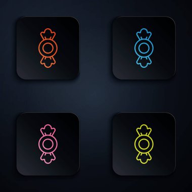 Renkli neon çizgisi Candy simgesi siyah arkaplanda izole edildi. Kare düğmelere simgeleri yerleştir. Vektör.