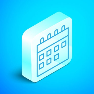 Isometric satır takvim simgesi mavi arkaplanda izole edildi. Olay hatırlatma sembolü. Gümüş kare düğme. Vektör.