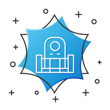 Beyaz arkaplanda izole edilmiş mezar taşı simgesi olan beyaz çizgi. Mavi altıgen düğmesi. Vektör.