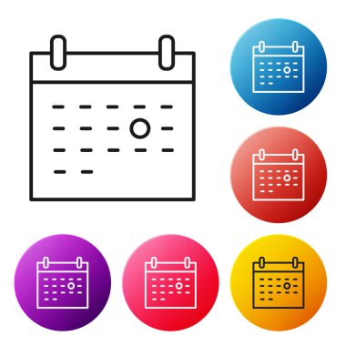 Siyah çizgili takvim ölüm ikonu beyaz arkaplanda izole edildi. Renkli daire düğmelerini ayarlayın. Vektör.