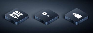 Isometric Wax boya kalemlerini çizim için, bebek şişesi ve oyuncak ikonu için ayarla. Vektör.