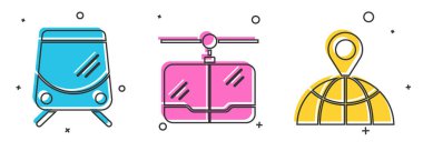 Tramvay ve tren yolunu, kablolu yayını ve konumu dünya ikonuna ayarlayın. Vektör.