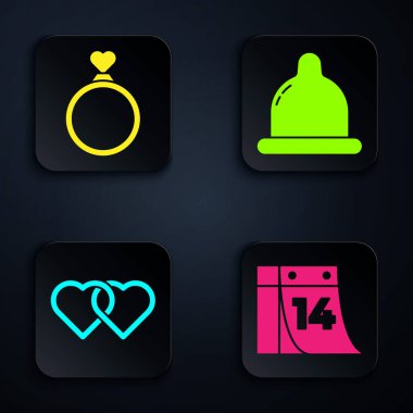 Takvimi 14 Şubat, alyanslar, İki Bağlı Kalp ve Kondom ile ayarla. Siyah kare düğme. Vektör.