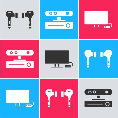 Hava kulaklıklarını, hareket sensörünü ve akıllı televizyon simgesini ayarla. Vektör.