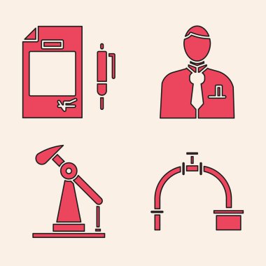 Endüstriyel boru ve valf, kontrat parası ve kalem, İşadamı veya borsa simsarı ve petrol pompası veya pompa ikonu ayarlayın. Vektör.