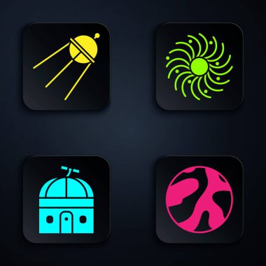 Set Gezegeni, Uydu, Astronomik Gözlemevi ve Kara Delik. Siyah kare düğme. Vektör.