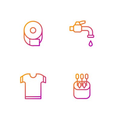 Kulak, tişört, tuvalet kağıdı rulosu ve su musluğu için pamuk çubuğu hazırlayın. Renk simgeleri. Vektör.