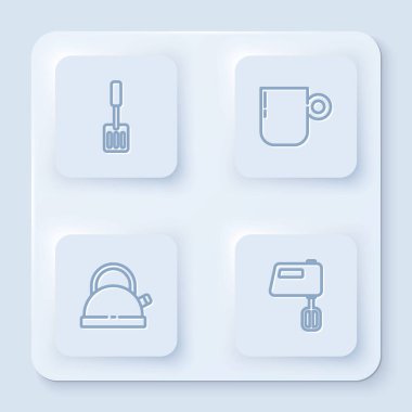 Hattı ayarla Spatula, kahve fincanı, saplı çaydanlık ve elektrikli mikser. Beyaz kare düğme. Vektör.