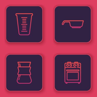 Ölçme kabı, Türk kahvesi, tava ve fırın. Mavi kare düğme. Vektör.