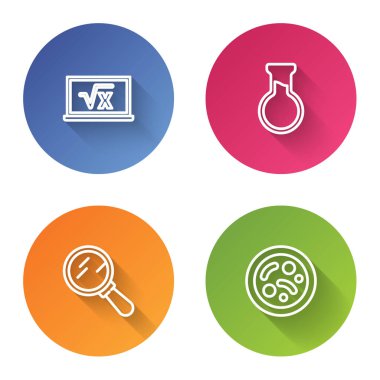 Çizgi kare kök x kabartması, test tüpü ve matara, büyüteç ve bakteri. Renkli daire düğmesi. Vektör.