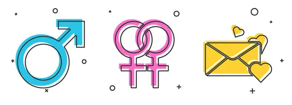 Set Männliches Geschlechtssymbol Weibliches Geschlechtssymbol Und Umschlag Mit Herzsymbol Vektor — Stockvektor