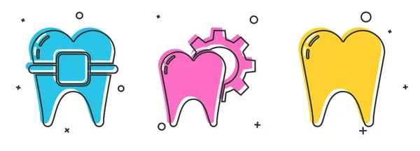 Встановіть Зуби Брекетами Процедурою Обробки Зубів Іконою Зуба Вектор — стоковий вектор