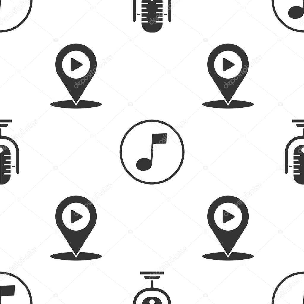 Set Microphone, Music note, tone and Digital media play with location on seamless pattern. Vector.