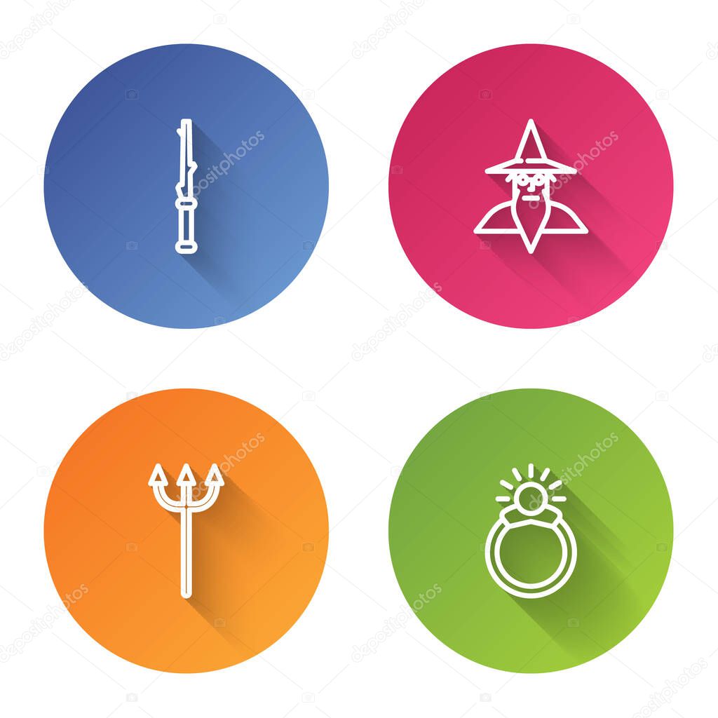 Set line Magic wand, Wizard warlock, Neptune Trident and stone ring with gem. Color circle button. Vector.