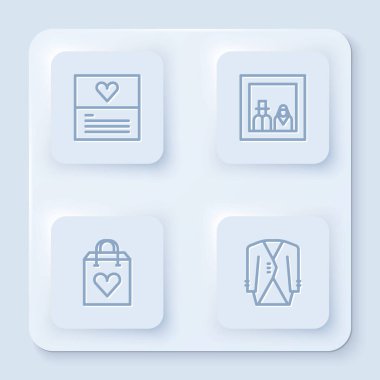 Sıralı tebrik kartı, aile fotoğrafı, içinde kalp ve takım elbise olan alışveriş çantası. Beyaz kare düğme. Vektör.