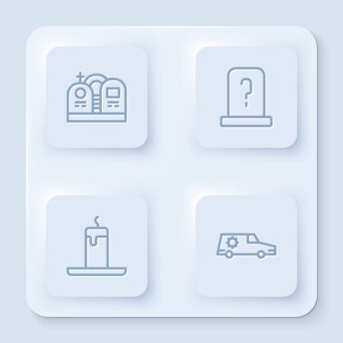 Mezar taşıyla, yanan mumla ve cenaze arabasıyla hat oluştur. Beyaz kare düğme. Vektör.