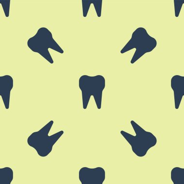 Mavi Diş simgesi sarı arkaplandaki kusursuz deseni izole etti. Diş hekimliği kliniği veya diş hekimliği merkezi ve diş macunu paketi için diş sembolü. Vektör İllüstrasyonu.