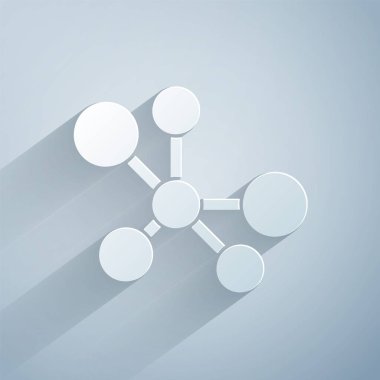 Kağıt kesiği Molekül simgesi gri arkaplanda izole edilmiş. Kimya moleküllerinin yapısı, fen öğretmenlerinin yenilikçi eğitim posteri. Kağıt sanatı tarzı. Vektör.