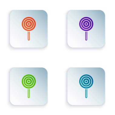 Renkli lolipop simgesi beyaz arkaplanda izole edildi. Şeker işareti. Yemek, lezzetli bir sembol. Kare düğmelere renkli simgeleri yerleştir. Vektör.
