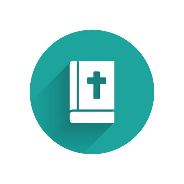長い影で隔離された白い聖書の本のアイコン 緑色の丸ボタン ベクトル — ストックベクタ