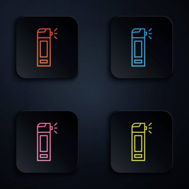 Siyah arka planda izole edilmiş burun ve boğaz ikonu hastalıklarının tedavisi için sprey sıkılmış renkli neon hattı tıbbi şişesi. Kare düğmelere simgeleri yerleştir. Vektör İllüstrasyonu.