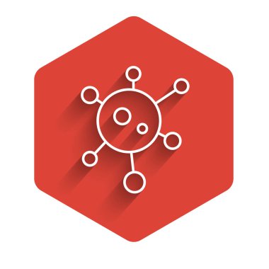 Beyaz çizgi Virüs simgesi uzun gölgeli izole edilmiş. Corona virüsü 2019-nCoV. Bakteri ve mikroplar, hücre kanseri, mikrop, mantar. Kırmızı altıgen düğmesi. Vektör İllüstrasyonu.