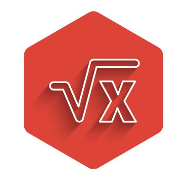 Beyaz çizgi kök x kabartma simgesi uzun gölgeli izole. Matematiksel ifade. Kırmızı altıgen düğmesi. Vektör.