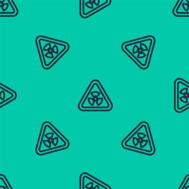 Radyasyon sembolü simgesi olan mavi çizgi üçgeni yeşil arka planda izole edilmiş. Vektör.