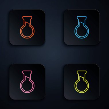 Renkli neon hattı test tüpü ve siyah arkaplanda izole edilmiş matara simgesi. Kimyasal laboratuvar testi. Laboratuvar camları. Kare düğmelere simgeleri yerleştir. Vektör.