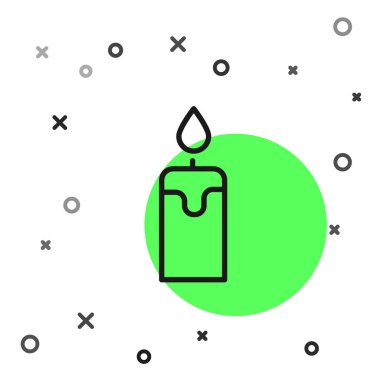 Beyaz arkaplanda siyah çizgi yanan mum simgesi izole edildi. Silindirik mum çubuğu ve yanan ateş. Vektör.